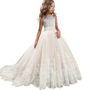 Long trailing lace flower dress girls evening wedding birthday girls dress first communion princess costume bridesmaid dresss