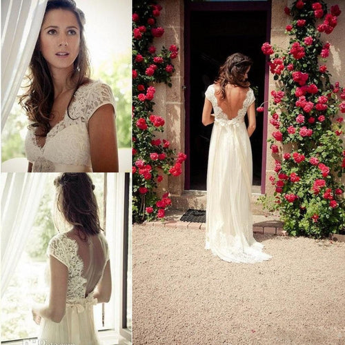 V-Neck Cap Sleeves Backless White/Ivory Boho Chic Lace Beach Wedding Dresses 2020