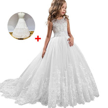 Load image into Gallery viewer, Long trailing lace flower dress girls evening wedding birthday girls dress first communion princess costume bridesmaid dresss