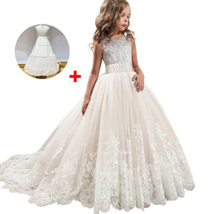 Long trailing lace flower dress girls evening wedding birthday girls dress first communion princess costume bridesmaid dresss