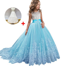 Load image into Gallery viewer, Long trailing lace flower dress girls evening wedding birthday girls dress first communion princess costume bridesmaid dresss