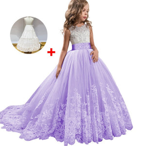Long trailing lace flower dress girls evening wedding birthday girls dress first communion princess costume bridesmaid dresss