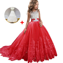 Load image into Gallery viewer, Long trailing lace flower dress girls evening wedding birthday girls dress first communion princess costume bridesmaid dresss