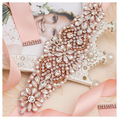 MissRDress Pearls Wedding Belt Dress Rose Gold Crystal Bridal Belt Rhinestones Wedding Sash For Bridal Bridesmaid Dresses JK849