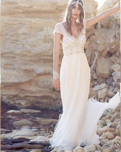 Robe mariage 2020 White Backless Chiffon Beach Boho Wedding dresses Lace V-neck Beaded Bohemian Bridal Dresses Vestido de novia