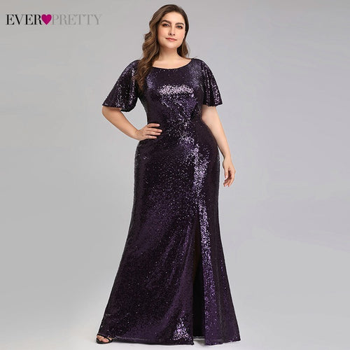 Plus Size Dark Purple Mermaid Evening Dresses Long Ever Pretty EP00928DP O-Neck Sequined Elegant Formal Dresses Robe De Soiree