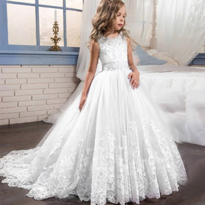 Long trailing lace flower dress girls evening wedding birthday girls dress first communion princess costume bridesmaid dresss