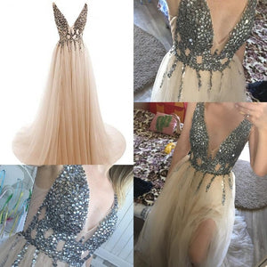 V Neck Sparkly Prom Dresses 2019 Backless Evening Party Dress Elegant Sexy See Through High Split Vestido de Festa Real Photo