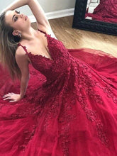 Load image into Gallery viewer, Sexy Burgundy Prom Dresses 2019 A-Line Lace Appliques Graduation Party Maxys Long Prom Gown Evening Dresses