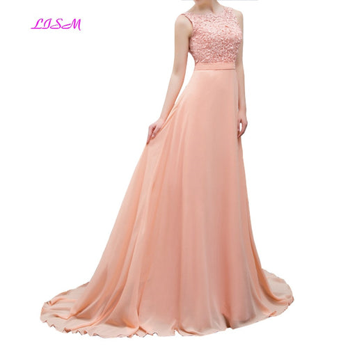 Peach Applique Chiffon Long Bridesmaid Dresses O-Neck Sleeveless Women Dress for Wedding Party Vestido Longo Elegant Prom Gowns