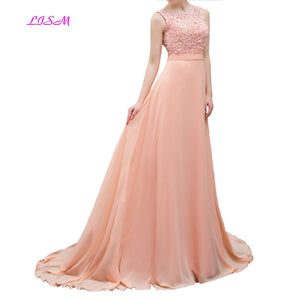 Peach Applique Chiffon Long Bridesmaid Dresses O-Neck Sleeveless Women Dress for Wedding Party Vestido Longo Elegant Prom Gowns