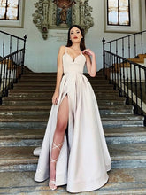 Load image into Gallery viewer, Sweetheart Champagne Long Prom Dress with High Slit Satin Floor Length Long Formal Graduation Evening Dresses 2019