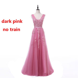 FADISTEE Vestido De Festa Sweet pink Lace V-neck Long Evening Dress Bride Party Sexy Backless beads pearls Prom Dresses