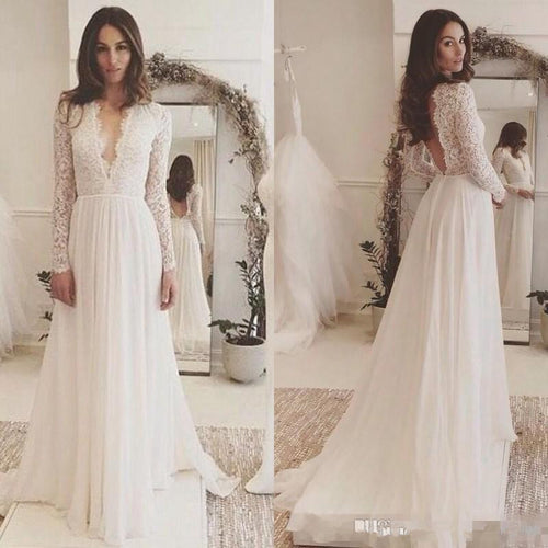 2019 Lace Long Sleeve Backless Bohemian Beach Country Cheap Deep V Neck Chiffon Long Boho Bridal Gowns  robe soiree