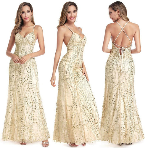 Sequined Prom Dresses Long Sleeveless Sparkle V-Neck Sexy Backless Mermaid Ladies Evening Party Dresses 2019 Vestidos De Gala