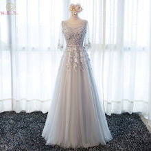 Load image into Gallery viewer, Gray Prom Dresses 2019 Pink Lace Appliques Pearl Belt Tulle A Line Three Quarter Sleeves Long Floor Length Evening Gowns Formal