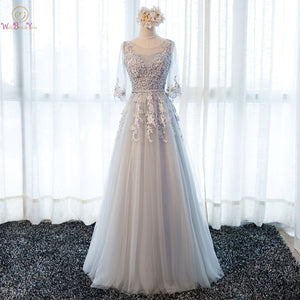 Gray Prom Dresses 2019 Pink Lace Appliques Pearl Belt Tulle A Line Three Quarter Sleeves Long Floor Length Evening Gowns Formal