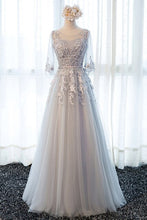 Load image into Gallery viewer, Gray Prom Dresses 2019 Pink Lace Appliques Pearl Belt Tulle A Line Three Quarter Sleeves Long Floor Length Evening Gowns Formal
