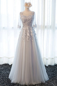Gray Prom Dresses 2019 Pink Lace Appliques Pearl Belt Tulle A Line Three Quarter Sleeves Long Floor Length Evening Gowns Formal
