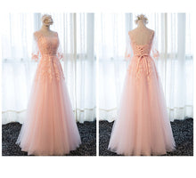Load image into Gallery viewer, Gray Prom Dresses 2019 Pink Lace Appliques Pearl Belt Tulle A Line Three Quarter Sleeves Long Floor Length Evening Gowns Formal