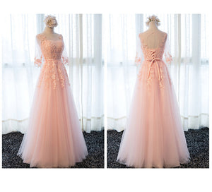 Gray Prom Dresses 2019 Pink Lace Appliques Pearl Belt Tulle A Line Three Quarter Sleeves Long Floor Length Evening Gowns Formal