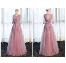 Load image into Gallery viewer, Gray Prom Dresses 2019 Pink Lace Appliques Pearl Belt Tulle A Line Three Quarter Sleeves Long Floor Length Evening Gowns Formal