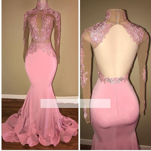 Pink 2019 Prom Dresses Mermaid Long Sleeves Appliques Lace Backless Party Maxys Long Prom Gown Evening Dresses Robe De Soiree