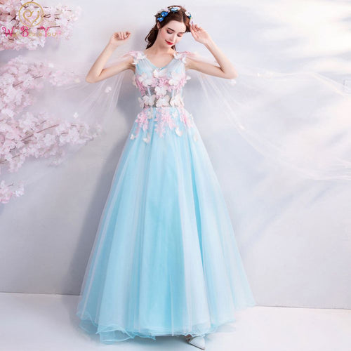 Sky Blue Prom Dresses 2019 Pink Flower Butterfly V Neck Tulle Flowing Shoulder Long Floor Length Evening Gown Walk Beside You