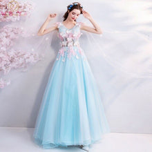 Load image into Gallery viewer, Sky Blue Prom Dresses 2019 Pink Flower Butterfly V Neck Tulle Flowing Shoulder Long Floor Length Evening Gown Walk Beside You