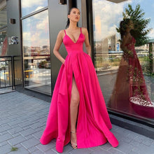Load image into Gallery viewer, Simple Long Prom Dress With Pockets V-neck Front Split Fuchsia Satin Formal Party Dress 2019 Sexy Spaghetti Straps Prom Gowns