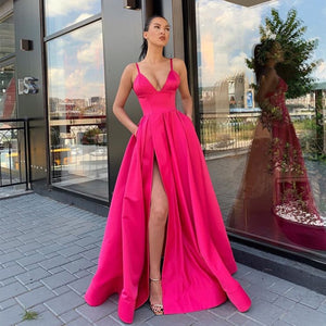 Simple Long Prom Dress With Pockets V-neck Front Split Fuchsia Satin Formal Party Dress 2019 Sexy Spaghetti Straps Prom Gowns