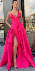 Simple Long Prom Dress With Pockets V-neck Front Split Fuchsia Satin Formal Party Dress 2019 Sexy Spaghetti Straps Prom Gowns
