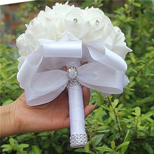 Load image into Gallery viewer, Cheapest PE Rose Bridesmaid Wedding Foam flowers Rose Bridal bouquet Ribbon Fake Wedding bouquet de noiva 14 Color