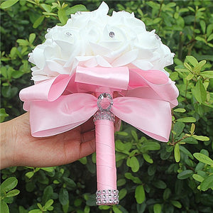 Cheapest PE Rose Bridesmaid Wedding Foam flowers Rose Bridal bouquet Ribbon Fake Wedding bouquet de noiva 14 Color