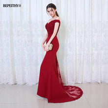 Load image into Gallery viewer, BEPEITHY Robe De Soiree Mermaid Burgundry Long Evening Dress Party Elegant Vestido De Festa Long Prom Gown 2020 With Belt