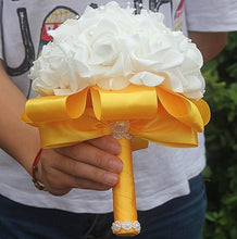 Load image into Gallery viewer, Cheap PE Rose Bridesmaid Wedding Foam flowers Rose Bridal bouquet Ribbon Fake Wedding bouquet de noiva Customized