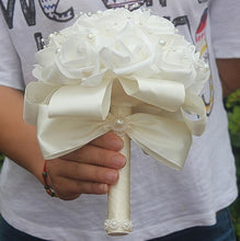 Load image into Gallery viewer, Cheap PE Rose Bridesmaid Wedding Foam flowers Rose Bridal bouquet Ribbon Fake Wedding bouquet de noiva Customized