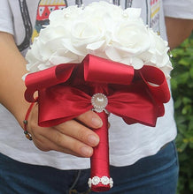 Load image into Gallery viewer, Cheap PE Rose Bridesmaid Wedding Foam flowers Rose Bridal bouquet Ribbon Fake Wedding bouquet de noiva Customized
