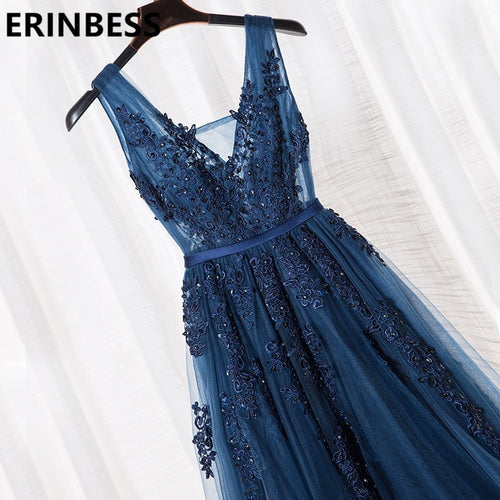 Vestido De Festa V Neck Cap Sleeve Vintage Lace Appliques Beaded Navy Blue Bridesmaid Dresses Women Formal Party Gowns