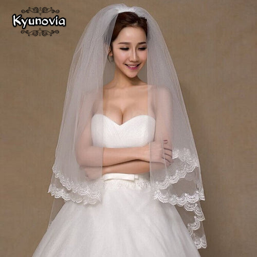 Kyunovia 2 Tier Bridal Veil Beautiful Ivory Cathedral Short Wedding Veils Lace Edge With Comb Bride Veils A00187