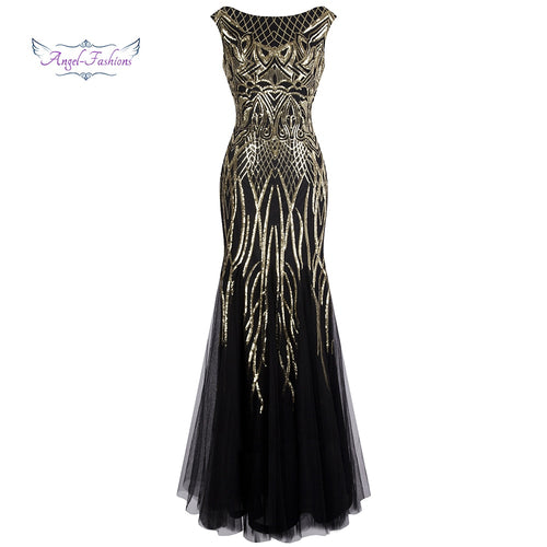 Angel-fashions Bateau Boat Neck Vintage Golden Sequin Ball Gown Long Prom Dresses 377