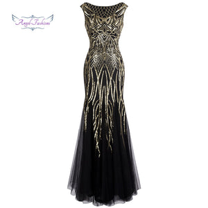 Angel-fashions Bateau Boat Neck Vintage Golden Sequin Ball Gown Long Prom Dresses 377