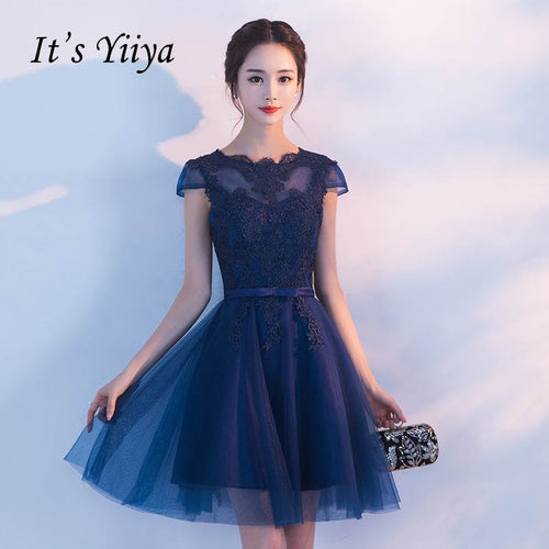 O-neck Lace Illusion Bow Flower A-line Knee Length Lace Up Dinner Bridesmaids Dresses Party Short Formal Dress LX183