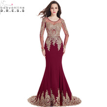 Load image into Gallery viewer, Real Image Cheap Burgundy Long Sleeve Mermaid Lace Prom Dresses Sexy Sheer Back Evening Party Dress Vestido de Festa Longo