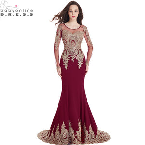 Real Image Cheap Burgundy Long Sleeve Mermaid Lace Prom Dresses Sexy Sheer Back Evening Party Dress Vestido de Festa Longo