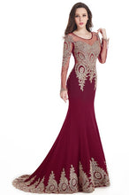 Load image into Gallery viewer, Real Image Cheap Burgundy Long Sleeve Mermaid Lace Prom Dresses Sexy Sheer Back Evening Party Dress Vestido de Festa Longo