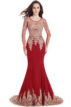 Load image into Gallery viewer, Real Image Cheap Burgundy Long Sleeve Mermaid Lace Prom Dresses Sexy Sheer Back Evening Party Dress Vestido de Festa Longo