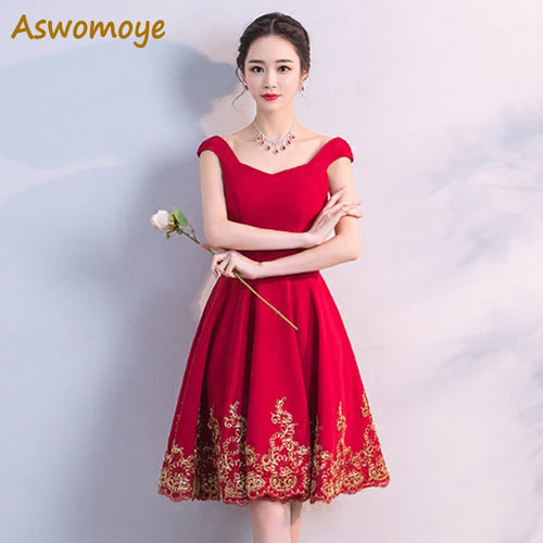 Aswomoye New Stylish 2020 Gold Appliques Short Bridesmaid Dress Simple Red Wedding Party Dresses robe de soiree