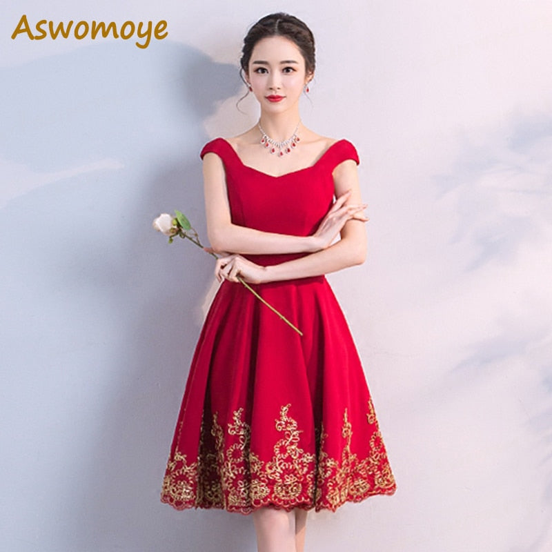 Aswomoye New Stylish 2020 Gold Appliques Short Bridesmaid Dress Simple Red Wedding Party Dresses robe de soiree