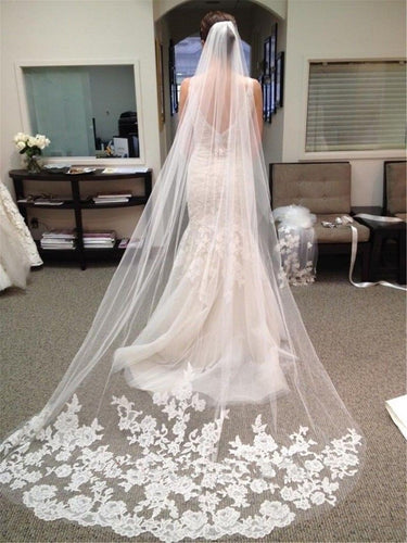 Wedding Accessories 2018 Appliques Tulle Long Cathedral Wedding Veil Lace Edge Bridal Veil with Comb veu de noiva longo